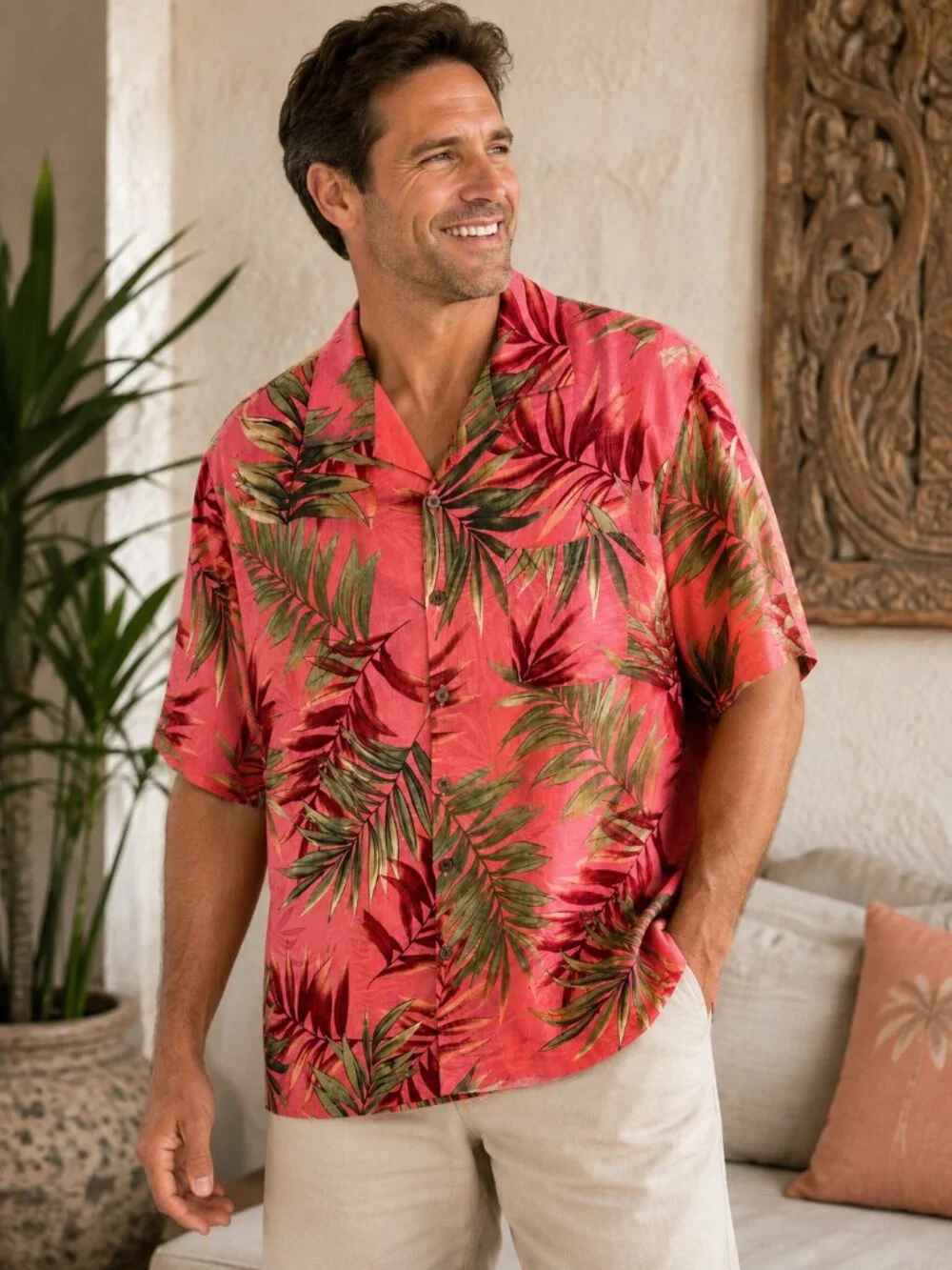 Tommy Bahama Silk Hawaiian Camp Shirt Men's Large Pink Tropical Print 100% Silk
